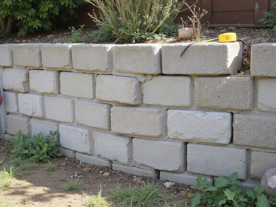 Bulging concrete block retaining wall with courses displaced outward and a string line showing deflection