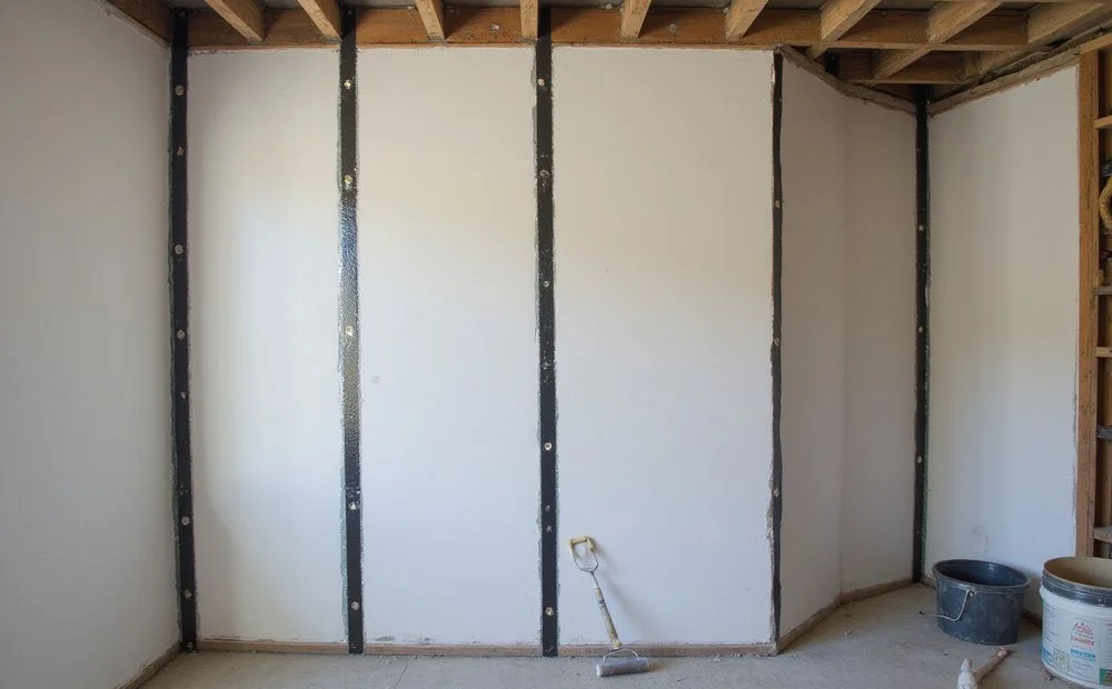 Carbon fiber reinforcement straps bonded vertically to a basement wall at regular spacing