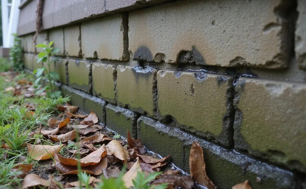 Clogged weep holes and water staining across the face of a residential retaining wall