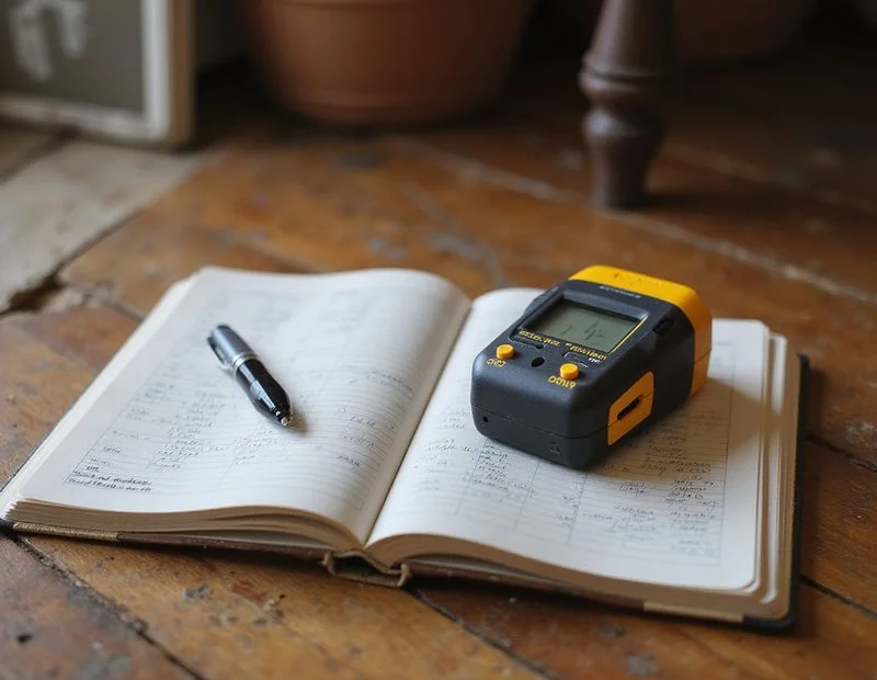 Laser manometer and a notebook of elevation readings on a worn hardwood floor