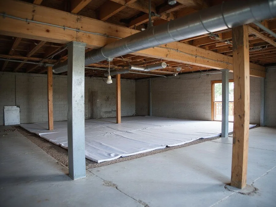 Completed crawl space substructure with new posts, beams, and a clean vapour barrier
