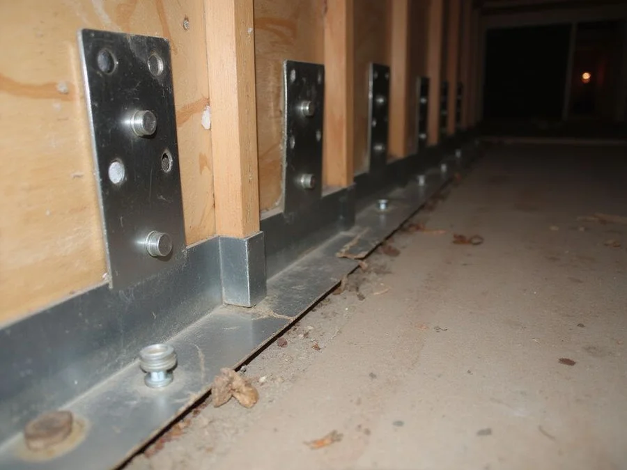 Completed row of foundation bolts and plates along a sill plate with shear panels behind