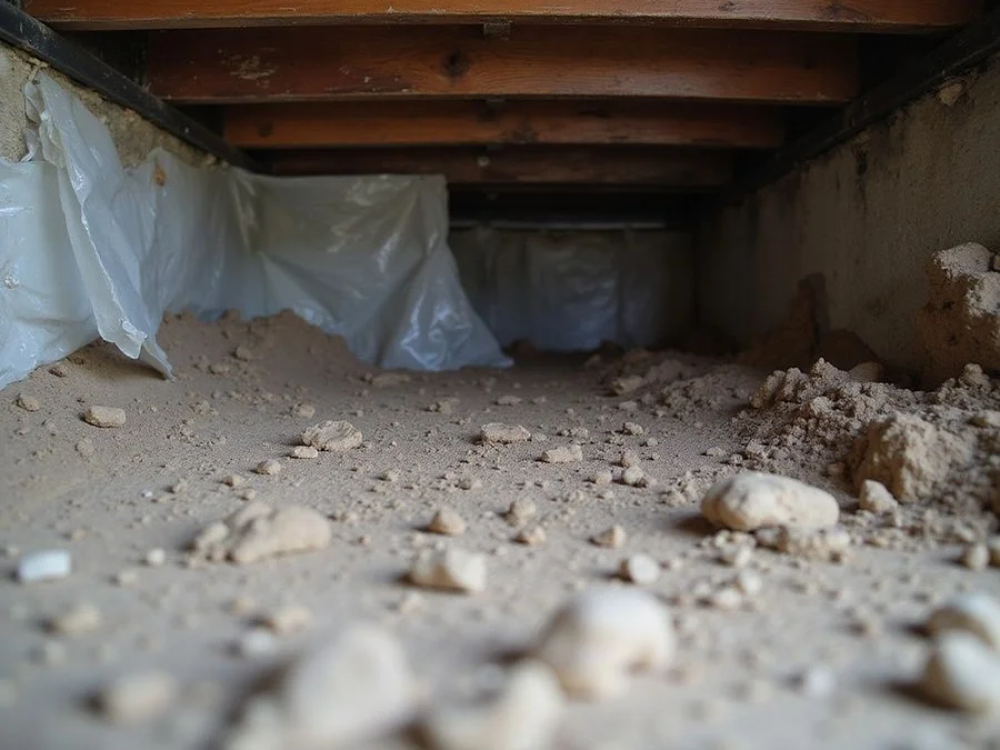 Damp bare crawl space soil with a torn old plastic sheet and darkened wood framing overhead