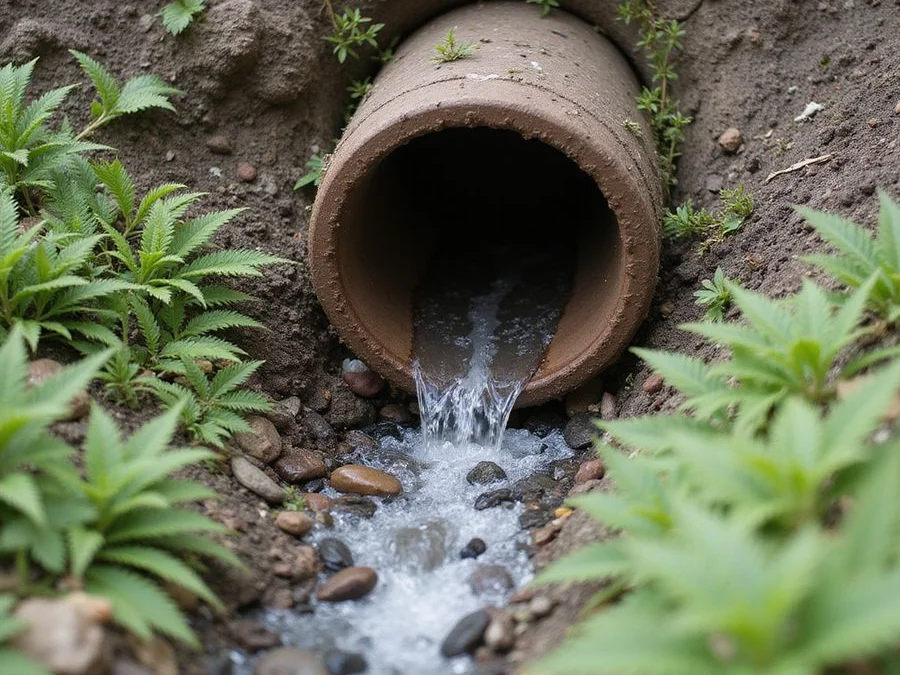 Daylight outlet where a drain line discharges onto a lower bank away from the house
