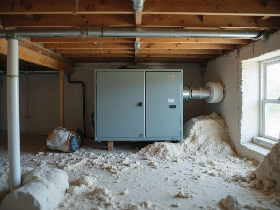 Dehumidifier installed in a finished encapsulated crawl space with condensate line routed to a drain