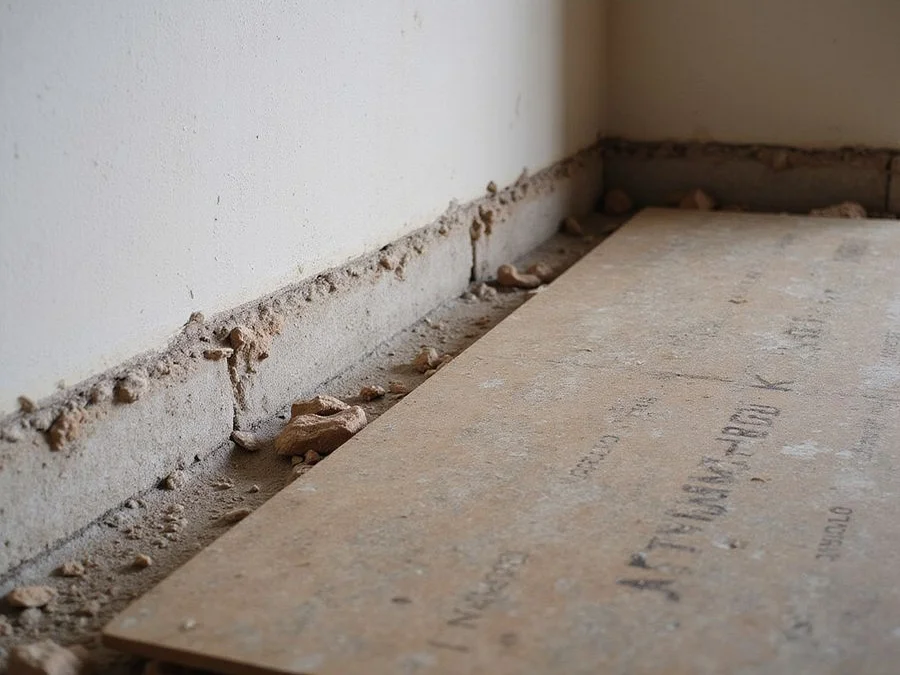 Dimpled drainage board fixed against a basement wall above a new perimeter drain channel