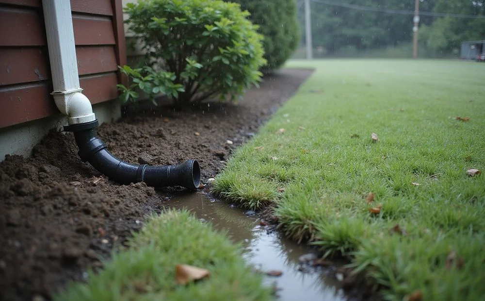 Downspout connected to a tightline routed away from a house foundation during steady rain