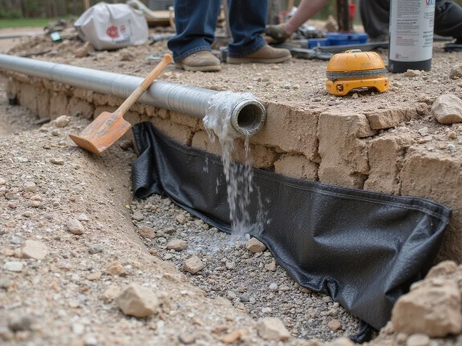 Drainage gravel and perforated pipe being placed behind a retaining wall with geotextile fabric