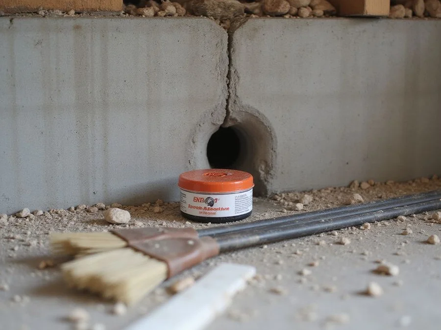 Drilled anchor hole in a concrete stem wall with epoxy adhesive and threaded rod staged beside it
