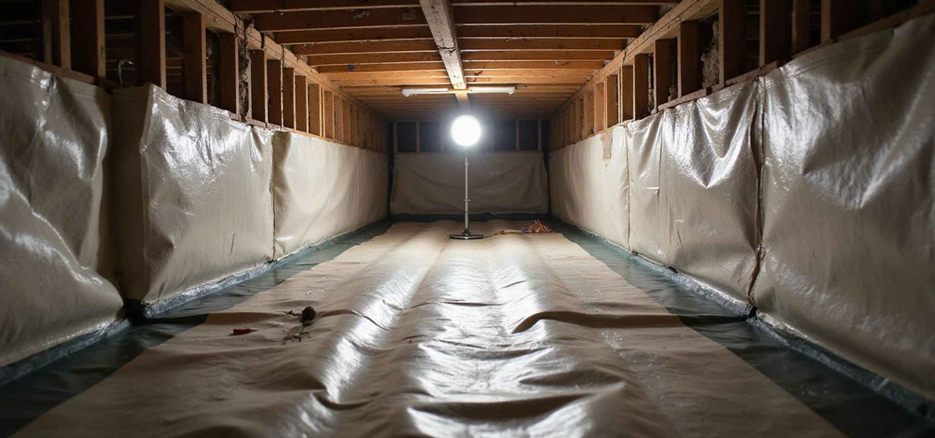 Encapsulated crawl space with a reinforced liner covering the ground and running up the foundation walls