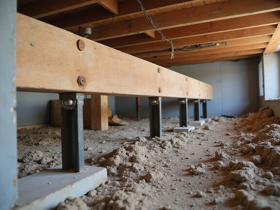 Engineered replacement beam set beneath floor joists and carried by adjustable steel posts