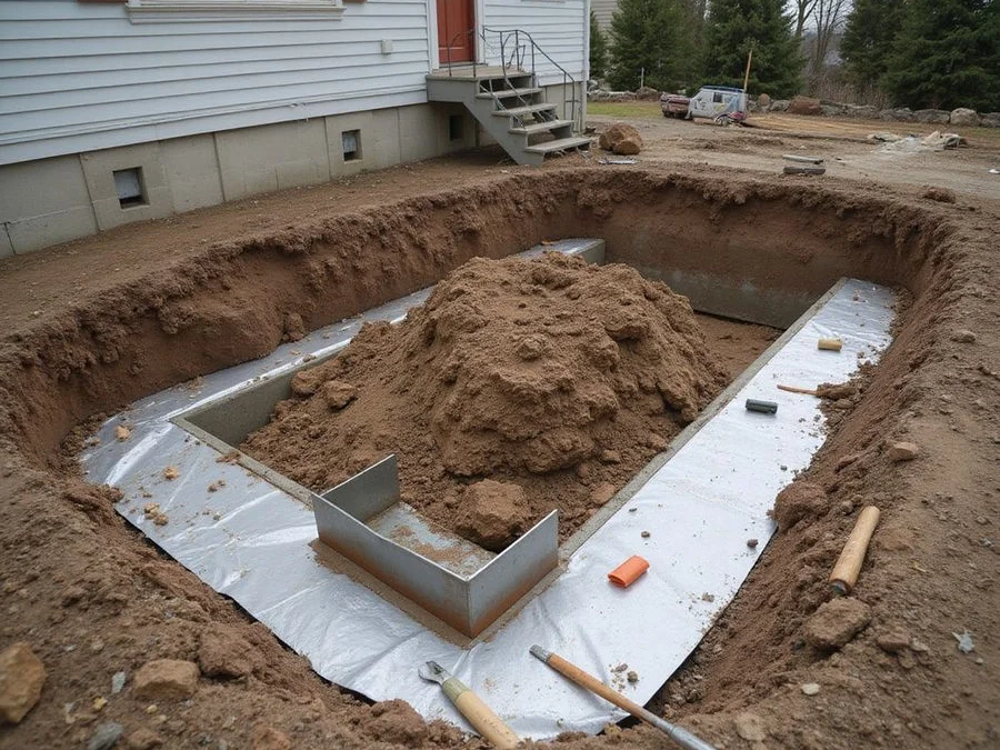 Excavated footing pit beside a Seattle Craftsman home with a steel pier bracket staged nearby