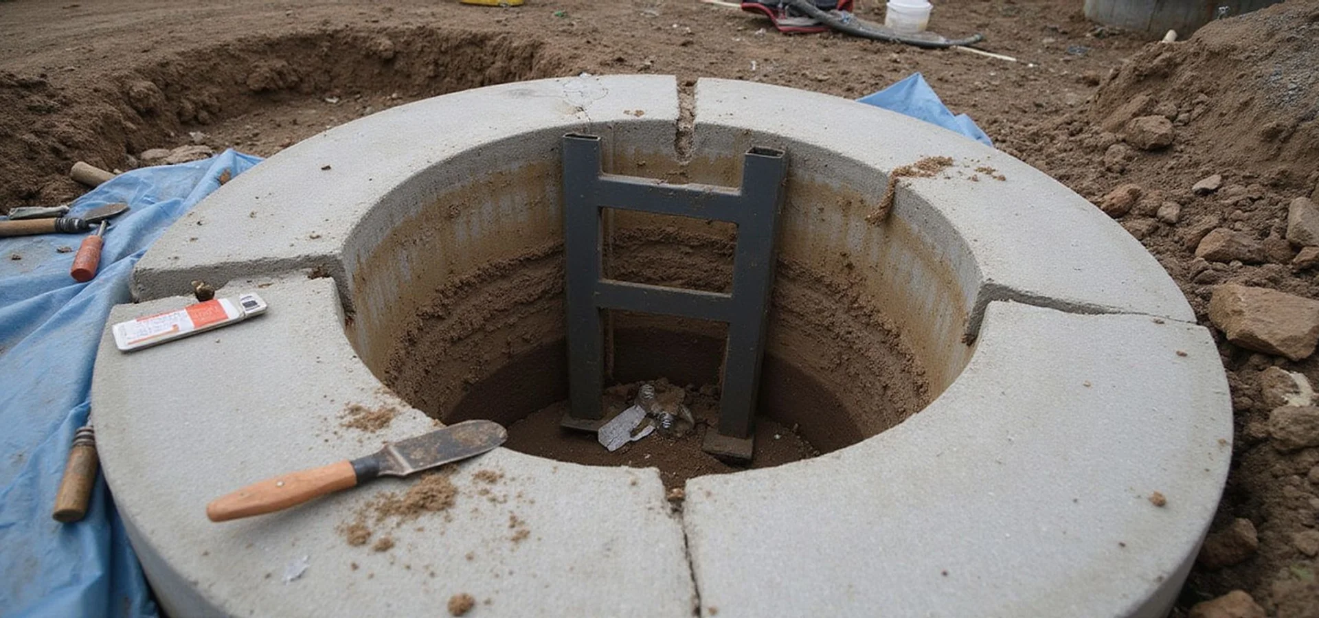 Excavated pit at a Seattle house footing with a steel push pier bracket positioned against the concrete
