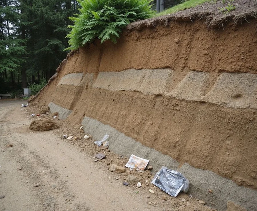 Exposed hillside soil layers on a Seattle slope showing distinct glacial strata