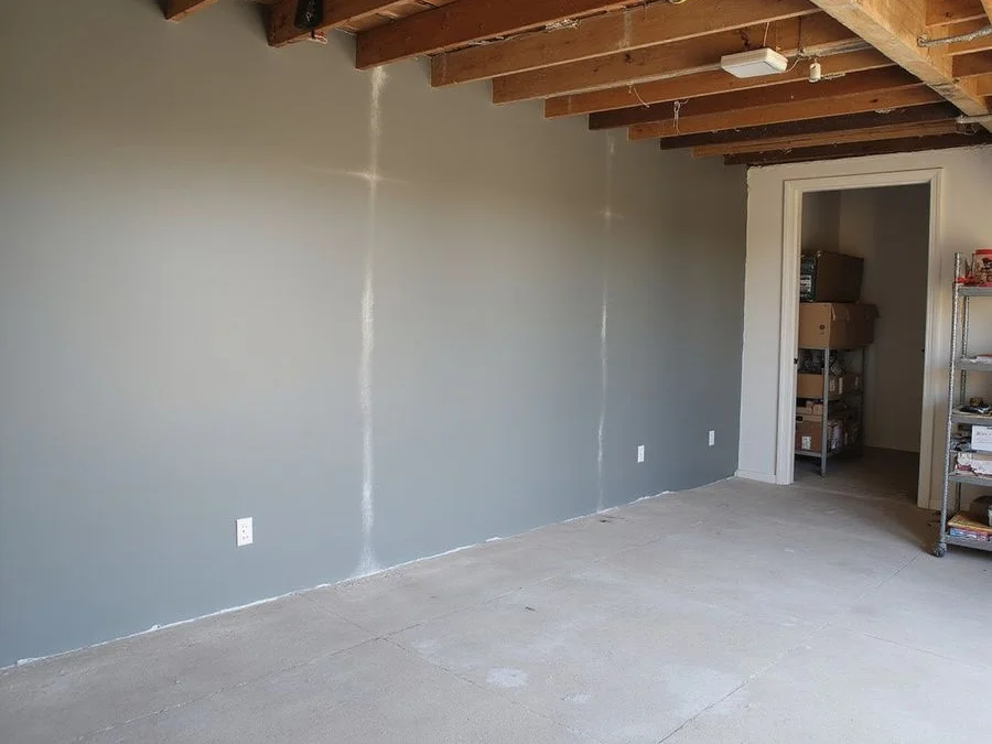 Finished basement wall with flush carbon fiber reinforcement beneath fresh paint