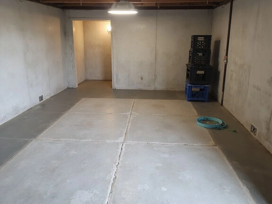 Finished dry basement floor with patched concrete along the perimeter