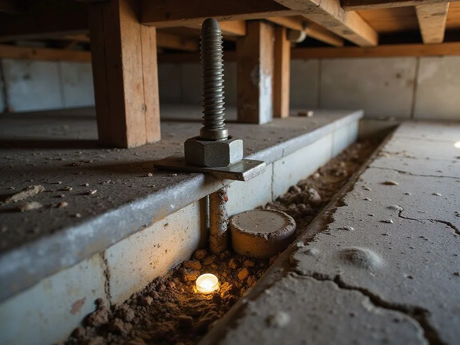 Foundation anchor bolt and retrofit plate fastened to a sill plate in an older Seattle crawl space