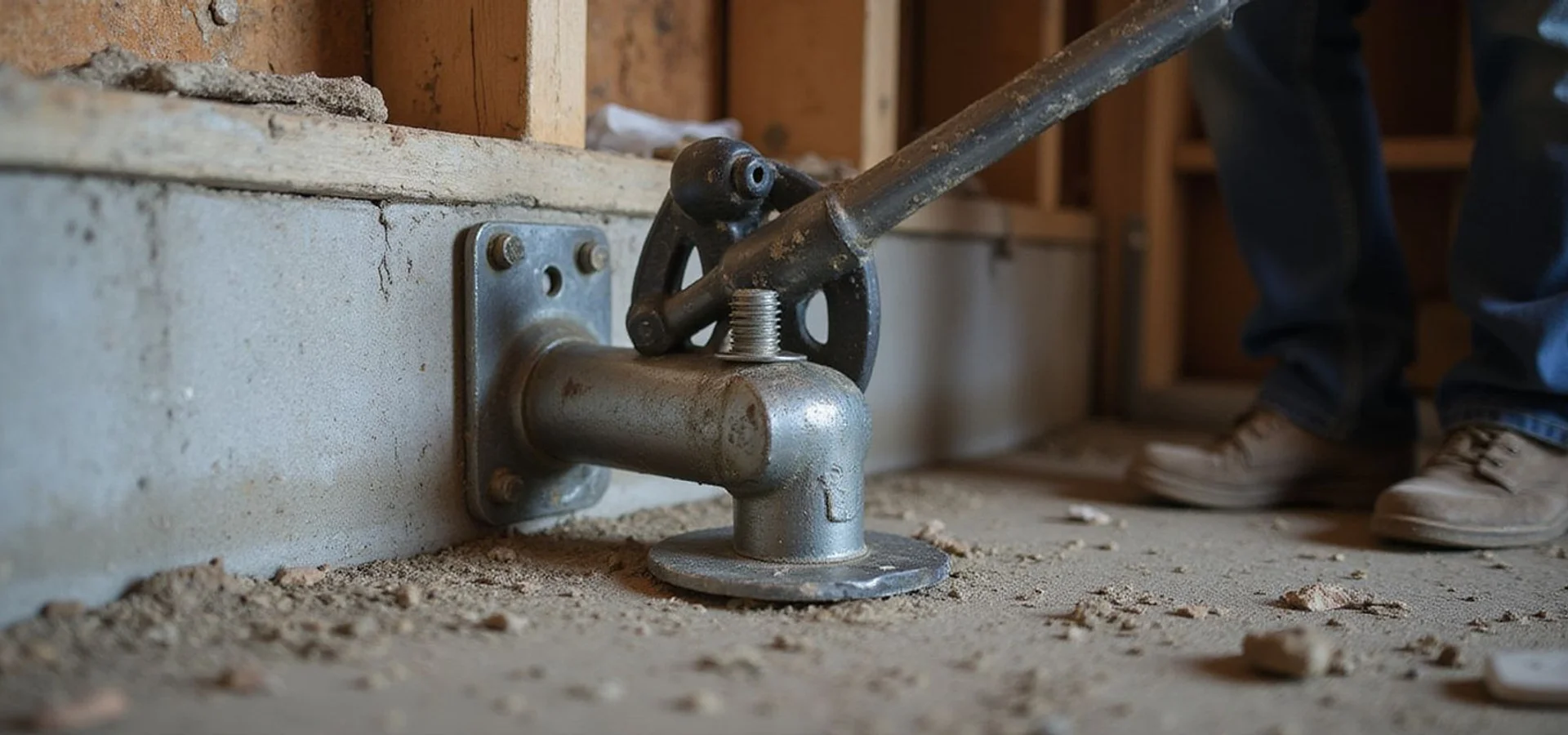 Foundation anchor bolt and steel retrofit plate fastened through a sill plate onto a concrete stem wall