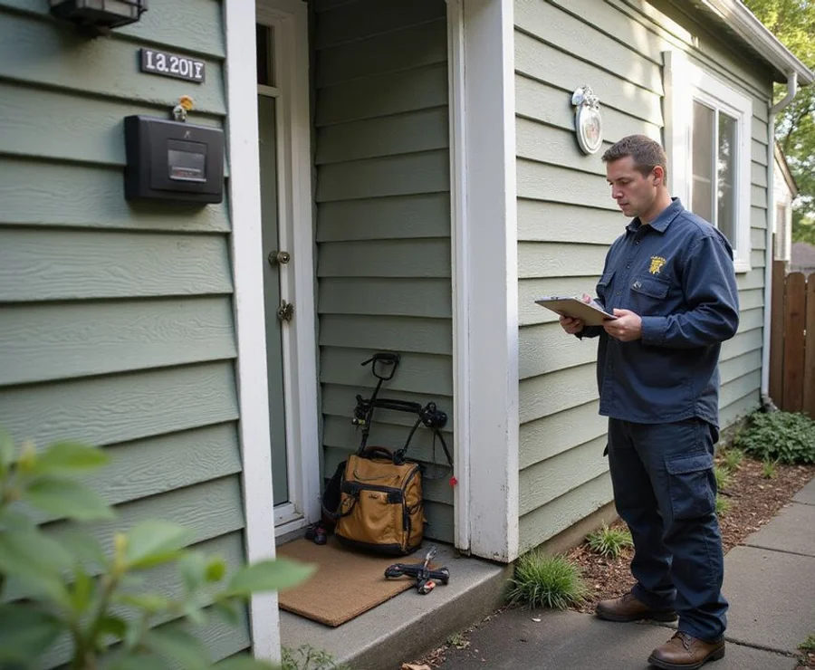 Foundation technician writing notes on a clipboard beside an older Seattle home with wood siding