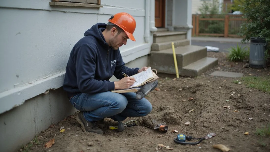 Foundation technician kneeling beside an exposed concrete footing at an older Seattle Craftsman home