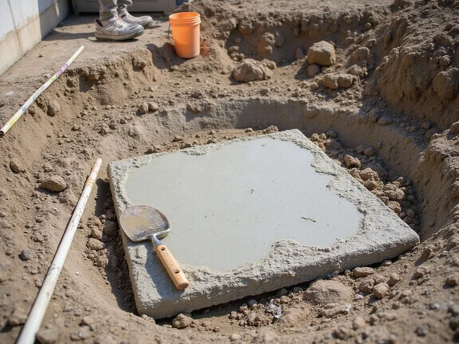Freshly poured reinforced concrete footing pad curing on crawl space soil