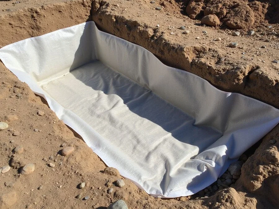 Geotextile filter fabric wrapped around a gravel drainage envelope before backfilling