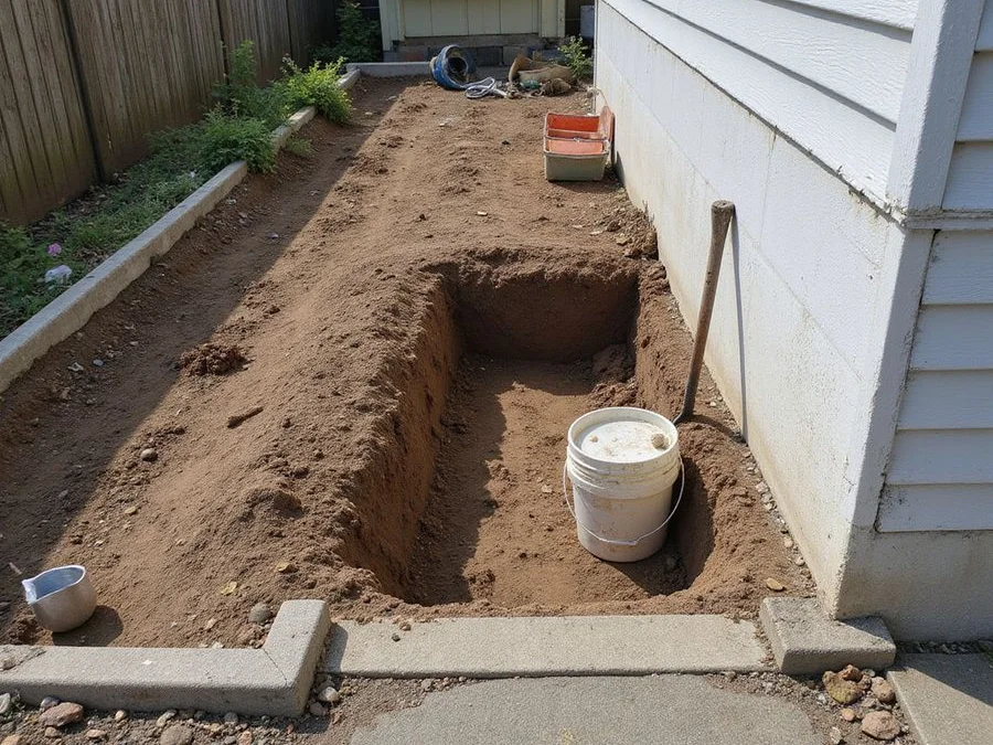Hand-dug access pit beside a concrete stem wall showing the footing edge