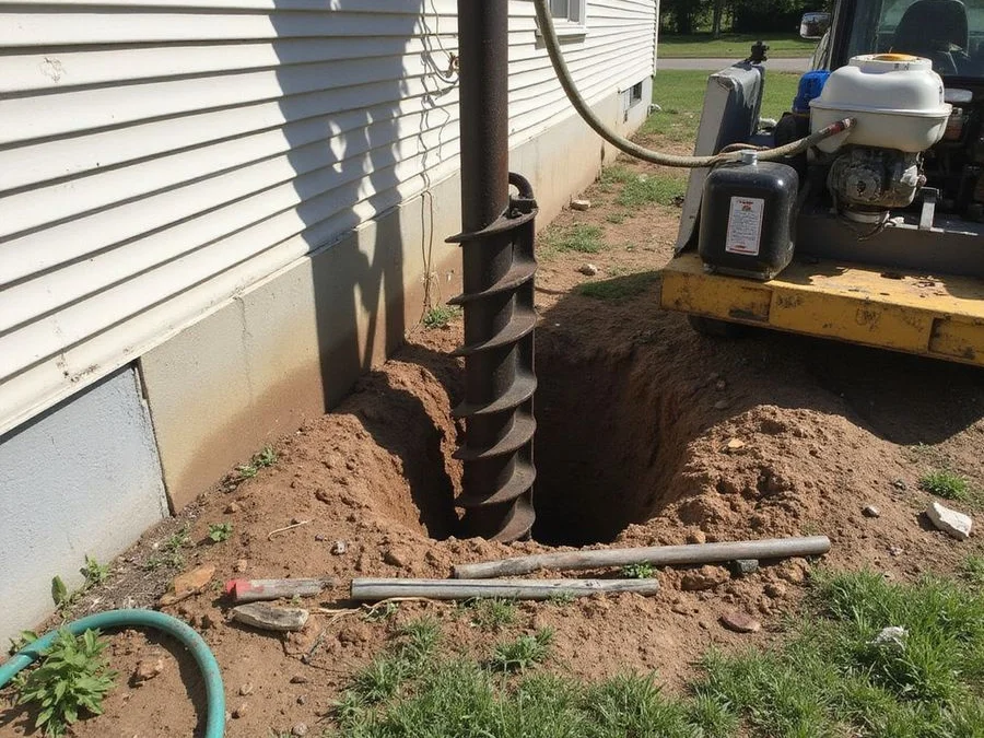 Helical pier shaft being advanced with a hydraulic torque motor beside a residential foundation
