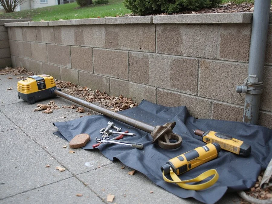 Helical tieback anchor staged beside a residential retaining wall before installation