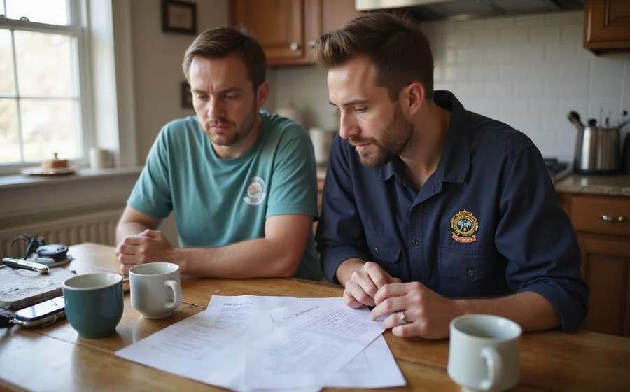 Homeowner and foundation technician reviewing a written repair scope at a kitchen table