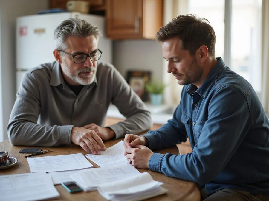 Homeowner and technician going through a printed findings document at a kitchen table