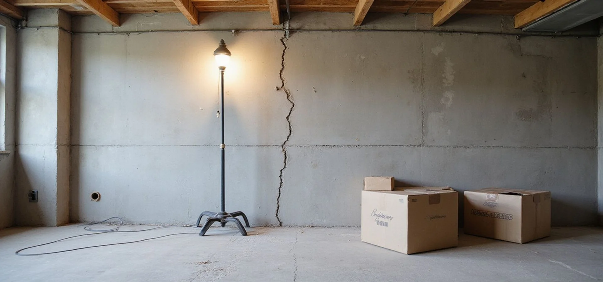 Horizontal crack across a poured concrete basement wall with a string line showing inward deflection