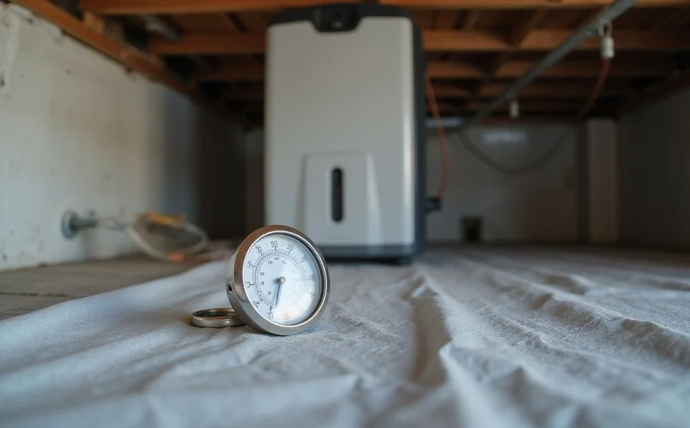 Hygrometer on a crawl space liner displaying a relative humidity reading beside a dehumidifier