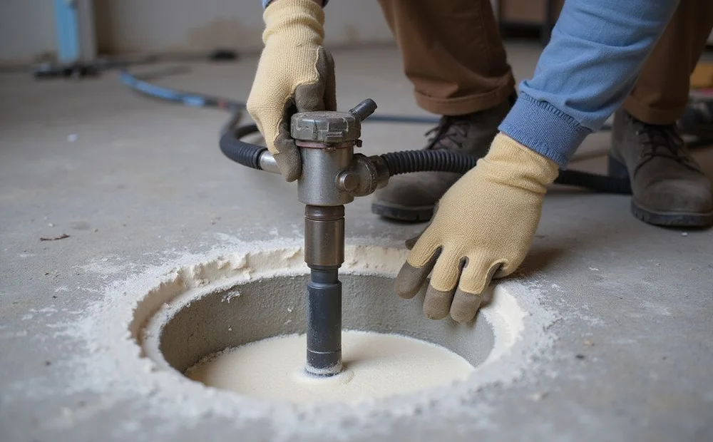 Injection gun fitted into a drilled port in a concrete slab while foam fills the void beneath