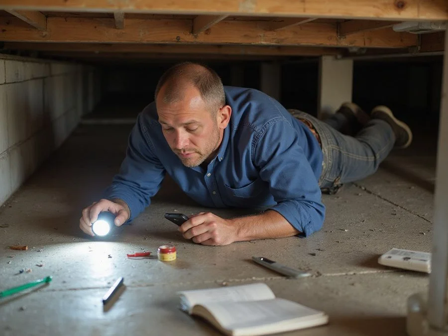 Inspector checking retrofit anchor spacing and fastener patterns in a crawl space