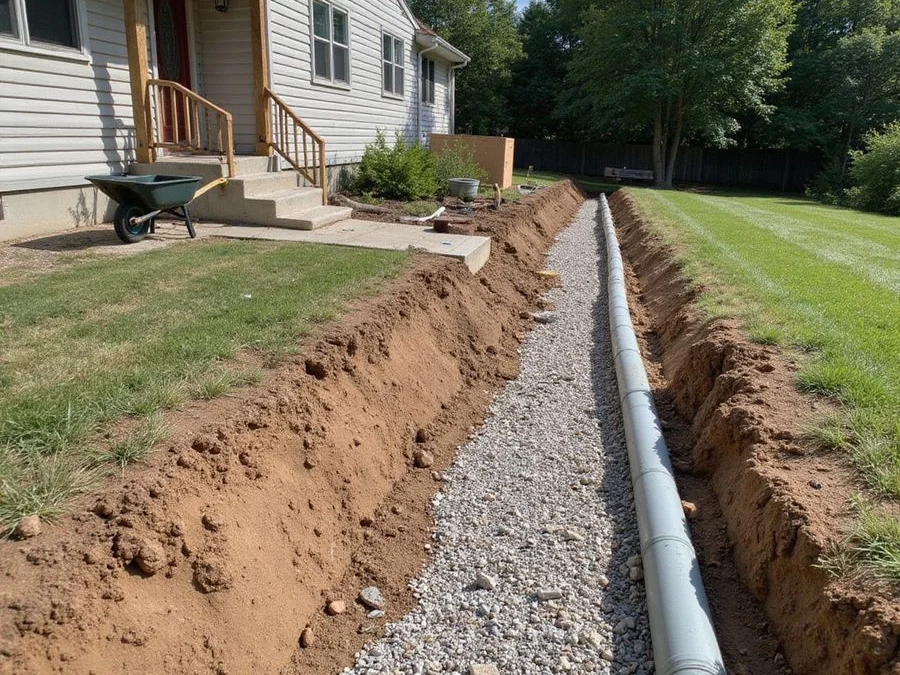 Interceptor drain trench cutting across a sloped residential yard uphill of a house