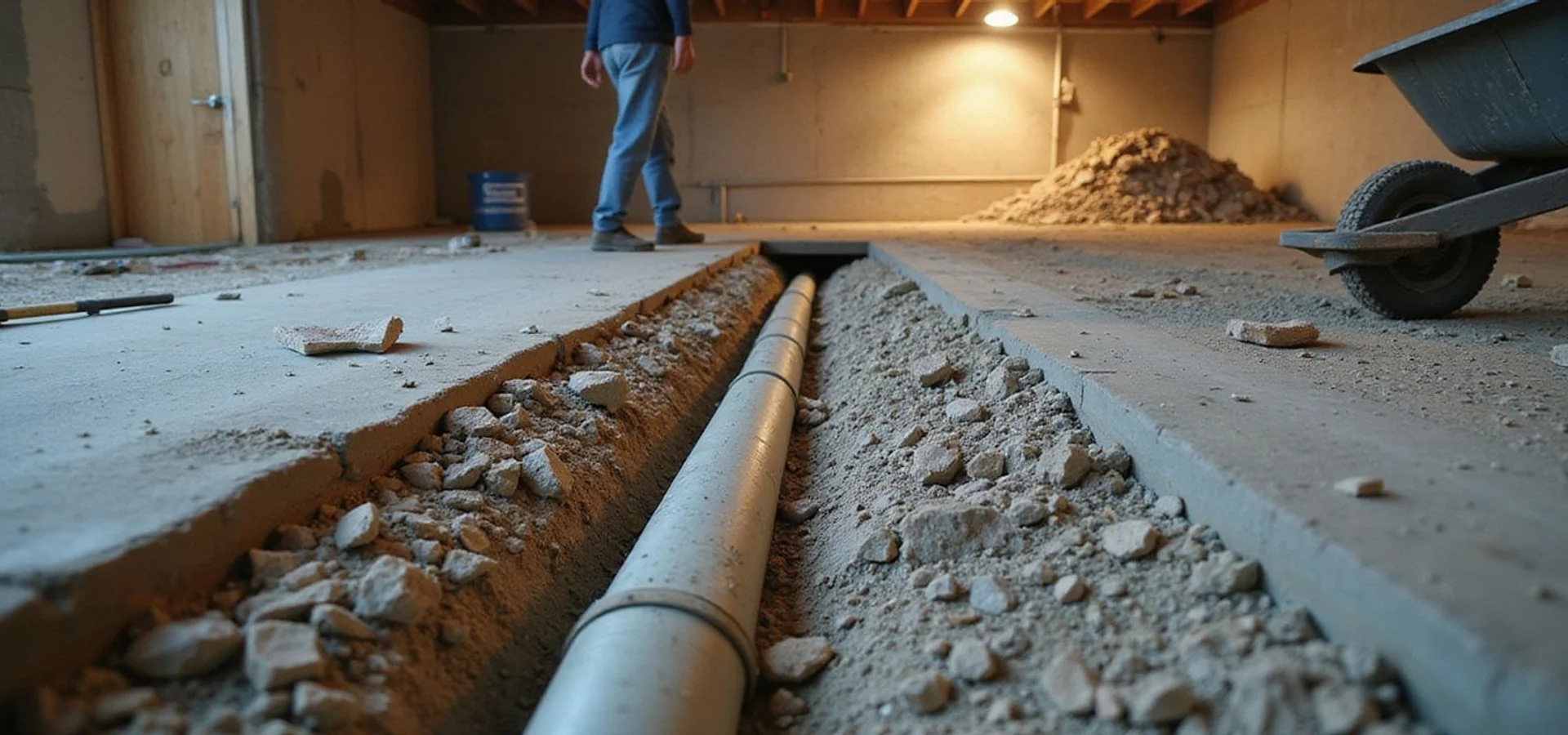 Interior perimeter drain trench along a basement floor edge with perforated pipe bedded in gravel