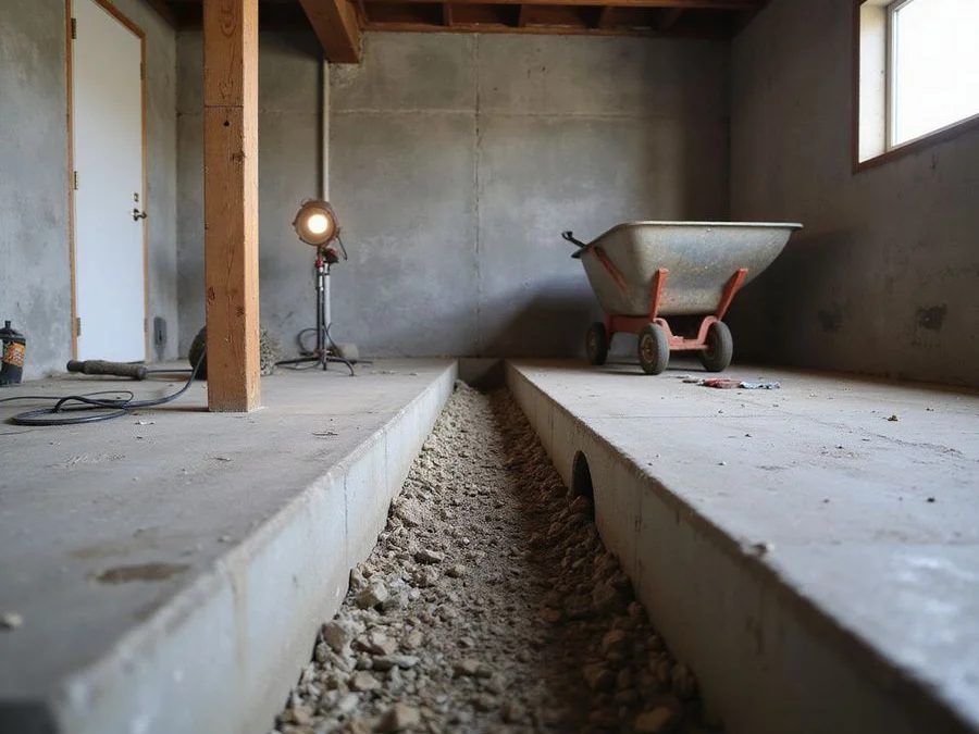 Interior perimeter drain trench with perforated pipe and gravel along a basement floor edge