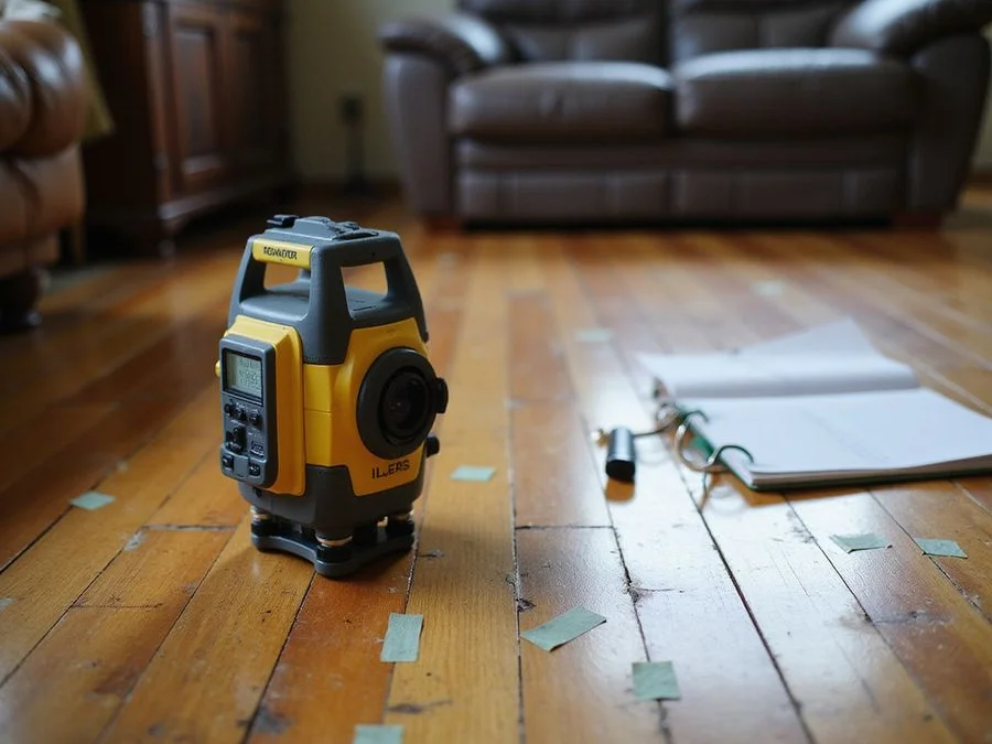 Laser manometer instrument recording floor elevation readings in an older Seattle living room