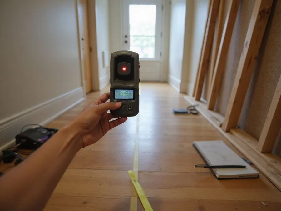 Laser manometer receiver recording an elevation reading at a marked survey point