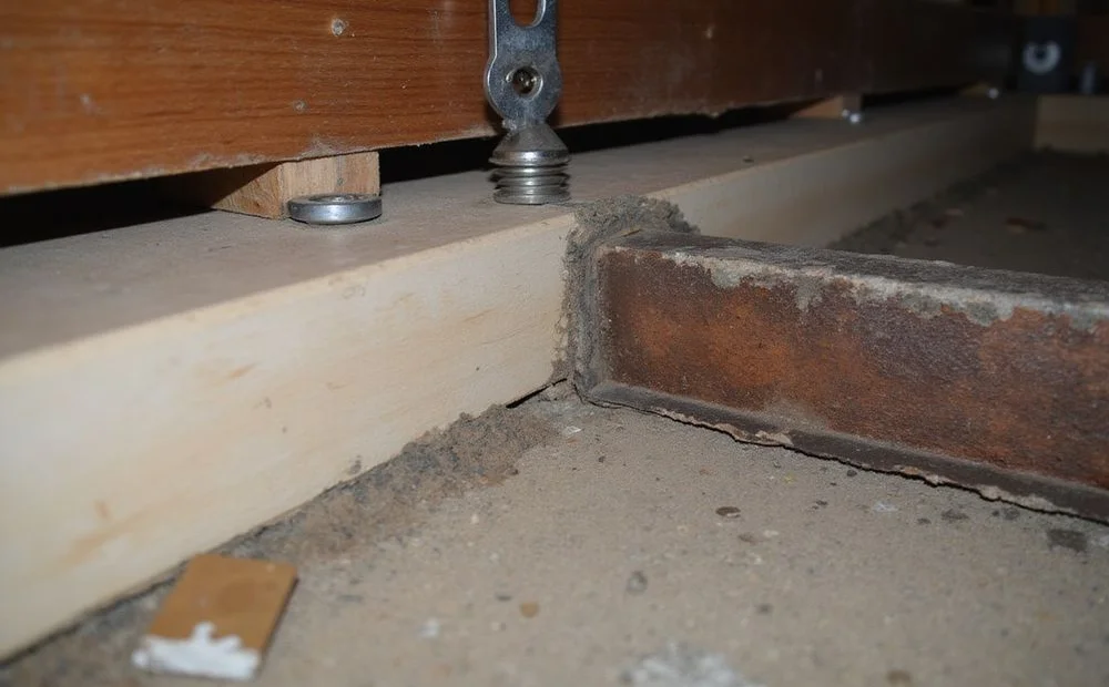 New sistered joist bolted alongside a darkened original floor joist in a Seattle crawl space