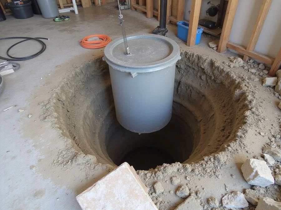 New sump basin being set into a cut opening in a basement slab with drain tie-in points