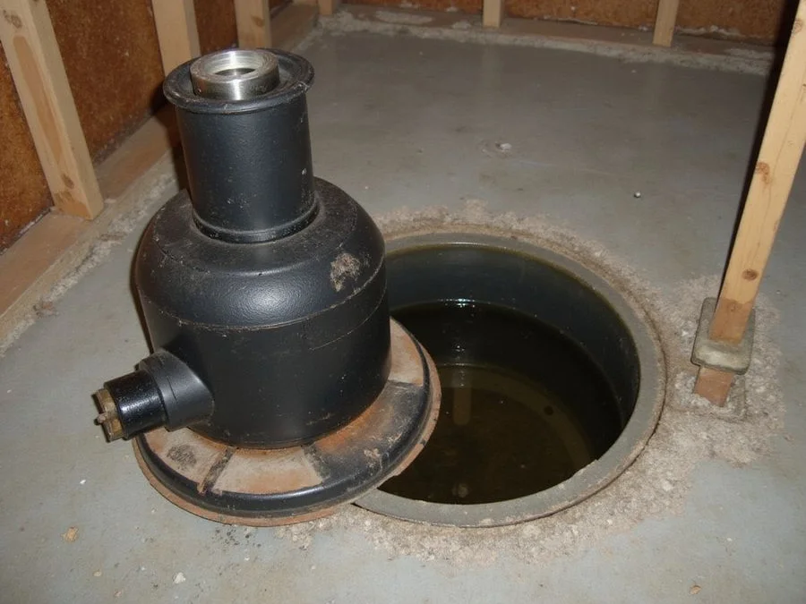 Old failed sump pump lifted out of a silted basin with a corroded float switch
