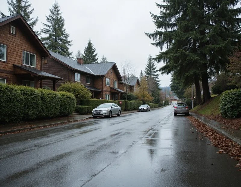 Older Pacific Northwest residential street of timber-frame homes on a gentle slope