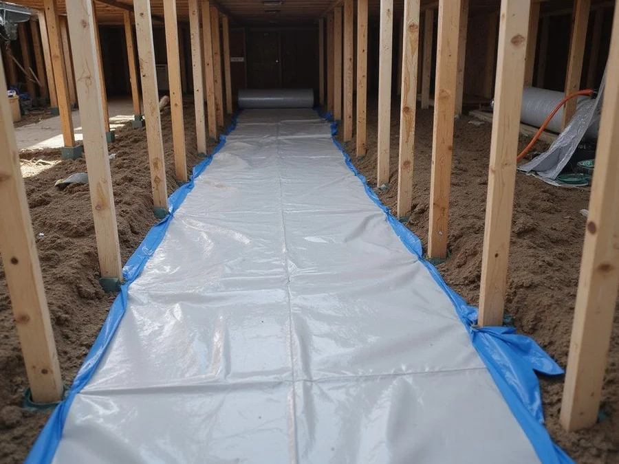 Reinforced vapour retarder being laid across crawl space soil with taped overlapping seams