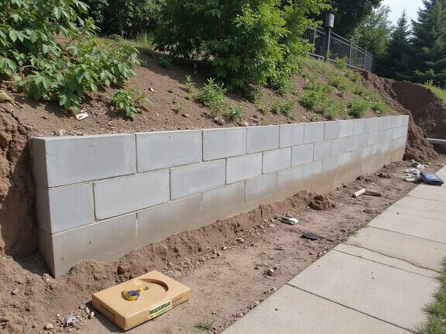 Repaired retaining wall standing plumb with clear weep holes and restored planting above