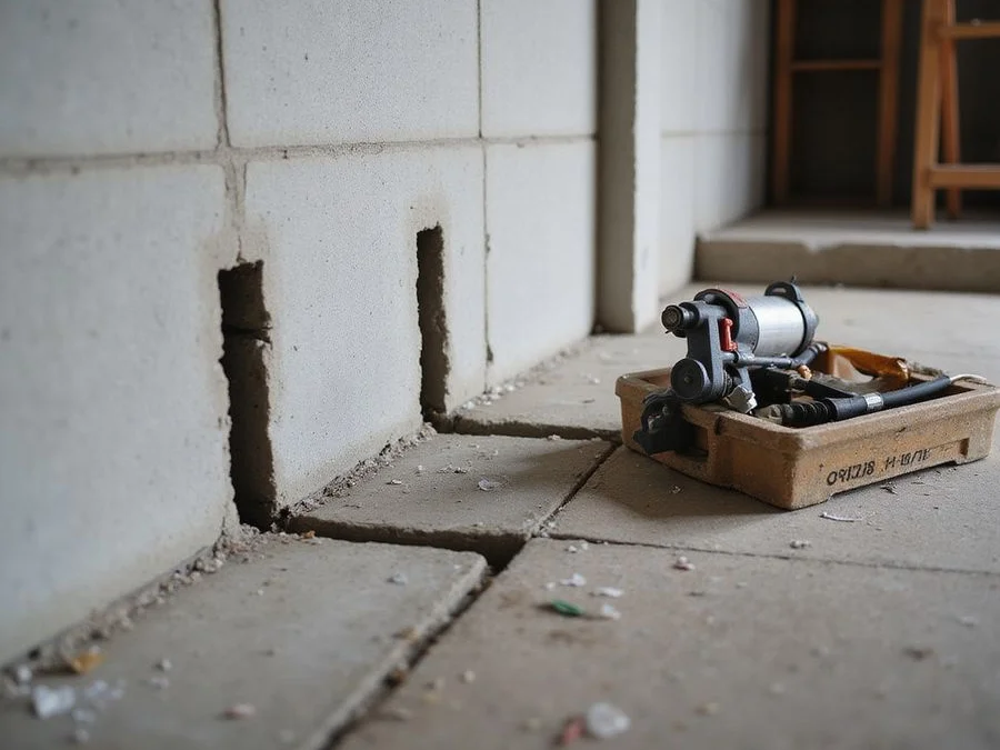 Row of epoxy injection ports set along a vertical crack in a poured concrete basement wall