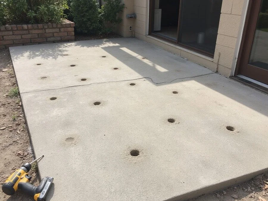 Small injection ports drilled in a grid across a settled patio slab ready for lifting