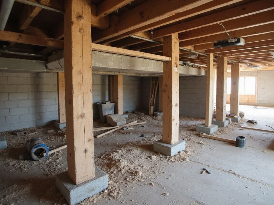 Row of wood posts on settled pier blocks carrying a sagging girder beneath floor joists