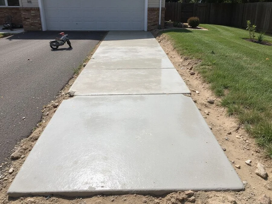 Settled concrete walkway panel lifted back to grade beside a residential driveway